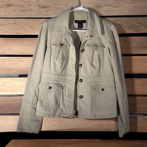 Calvin Klein Khaki Beige Button Up 4 Pocket Collared Jacket Women’s Large - Picture 2 of 10